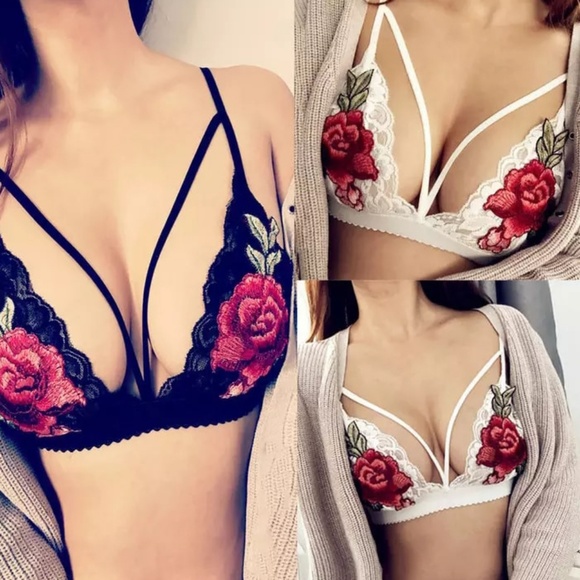 Strappy Lace Embroidered Flower Adjustable Bra - Picture 2 of 4